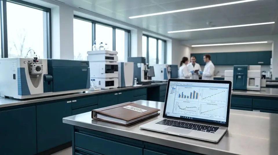 Bancada de laboratório com documentação técnica e análise de dados da qualidade